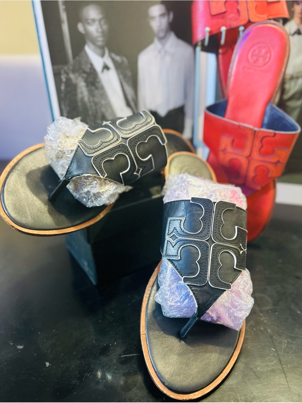 SALE•Tory Burch Red/Black Logo Slide Sandal Duo Bundle(Red/Orange Free w Flaw) - Picture 3 of 16